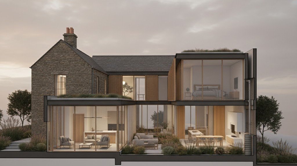 Esempio di progetto di efficienza energetica con tetti verdi e grandi vetrate per ottimizzazione luce naturale