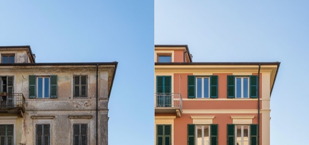 ima e dopo intervento di rifacimento facciata condominio in provincia di Savona.