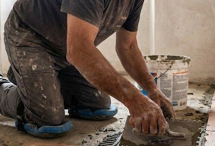 Mastro piastrellista esegue la posa manuale di un pavimento in cotto con tecnica tradizionale in provincia di Savona.