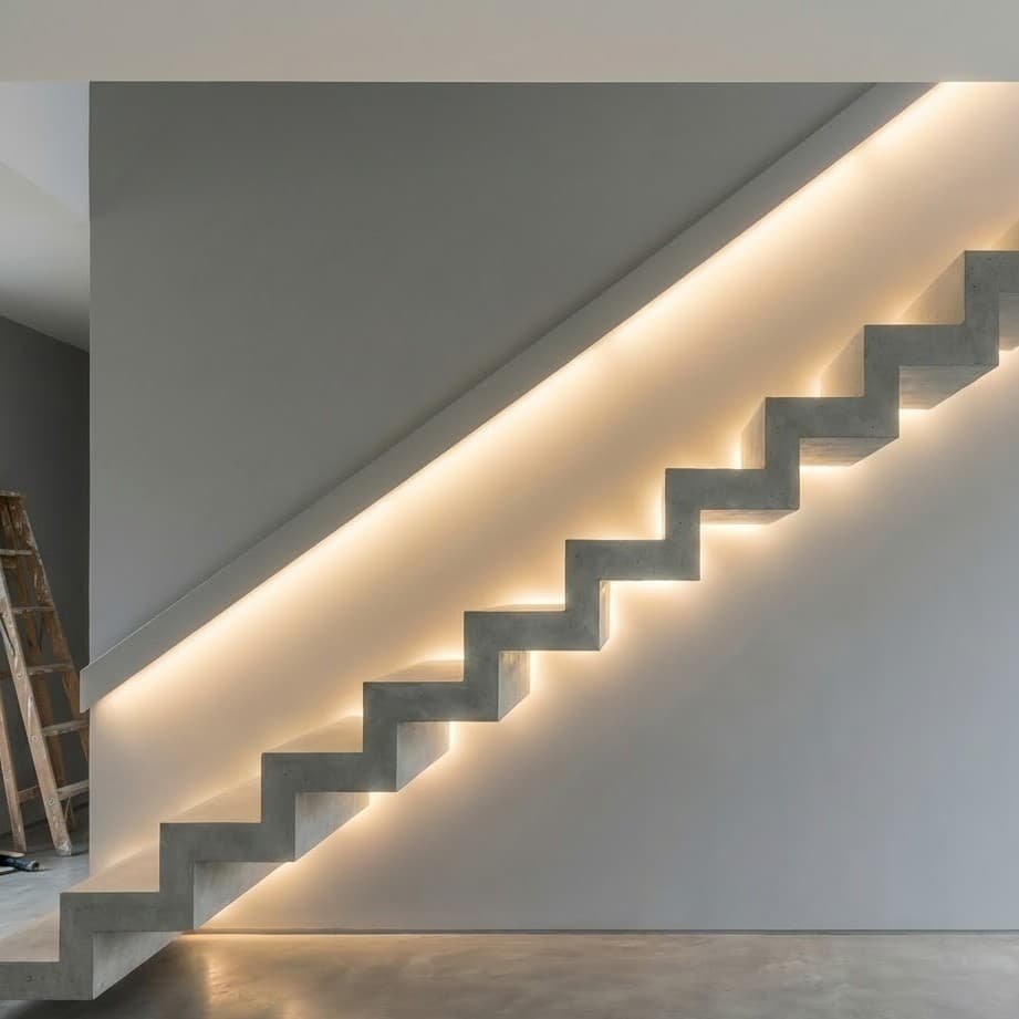 Scala interna moderna in cemento a vista con profilo a zigzag e striscia LED incassata nel corrimano.