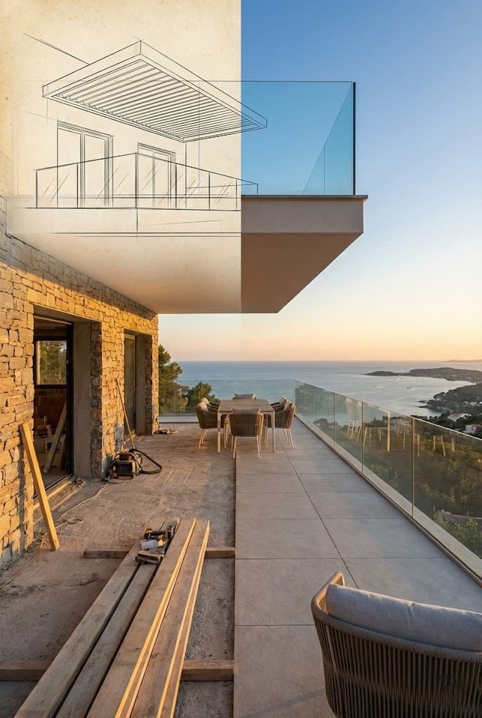 Rappresentazione del processo edilizio completo: dalla fase di cantiere con muratura in pietra e materiali alla progettazione tecnica, fino alla realizzazione finale di una terrazza moderna con parapetti in vetro e vista sulla costa ligure.