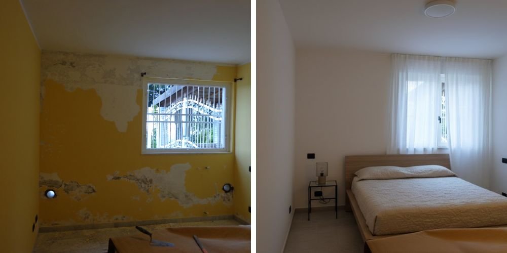 Confronto prima e dopo di una ristrutturazione completa: da parete degradata con intonaco scrostato a moderna camera da letto finita con tinteggiatura bianca e nuovi arredi.