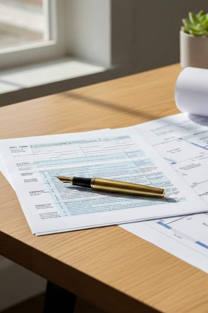 Scrivania con planimetrie architettoniche, calcolatrice e documentazione tecnica per l'analisi dei costi e l'accesso ai bonus edilizi