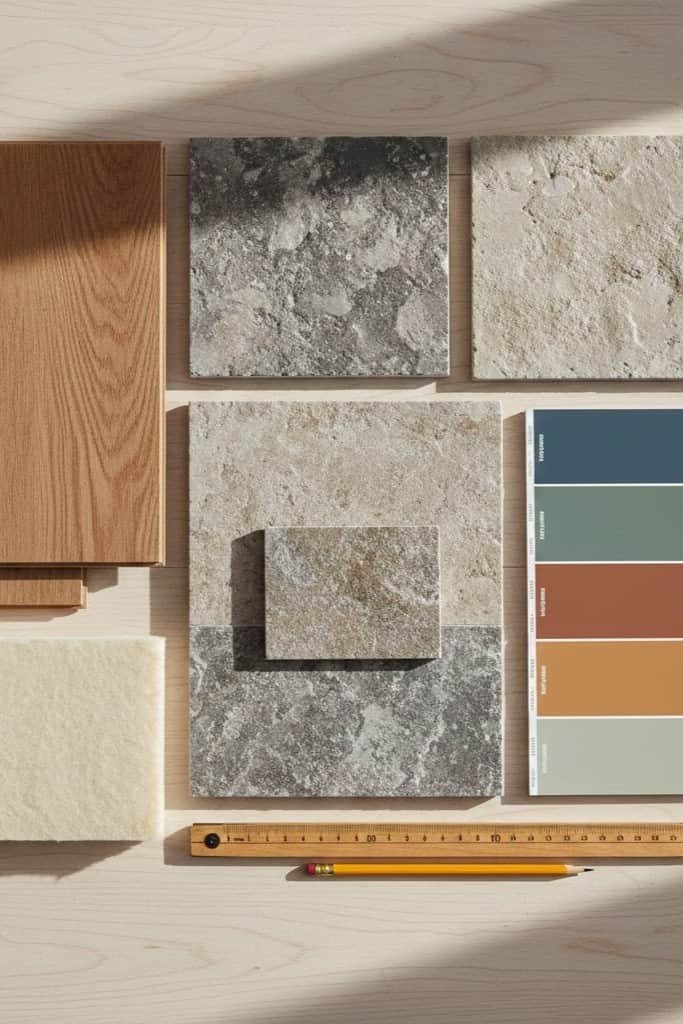 Campionatura di materiali edili disposti su un tavolo, inclusi rivestimenti in pietra, listoni di parquet, isolanti termici e mazzetta colori per finiture.