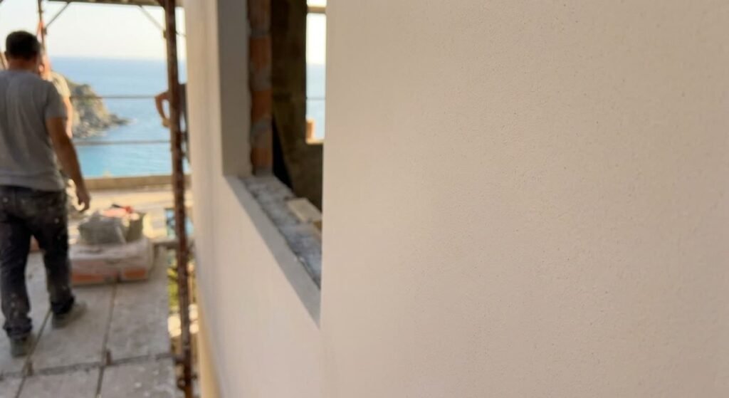 Finitura liscia intonaco traspirante mare Noli Dettaglio tecnico di una parete esterna con finitura liscia e traspirante applicata su un ciclo di intonaco macroporoso a Noli. In primo piano è visibile la texture omogenea del rasante ai silicati, ideale per prevenire l'accumulo di salsedine. Sullo sfondo, la vista del mare ligure e un operaio specializzato di Borgio Edilizia al lavoro sul ponteggio per garantire l'integrità strutturale della facciata.