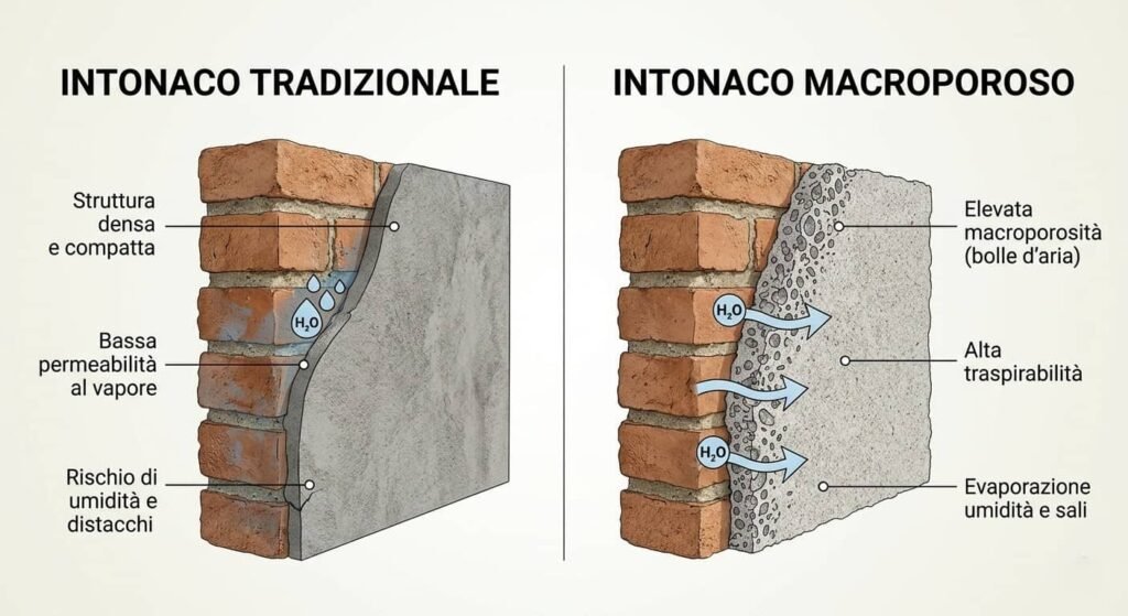 confronto tecnico intonaco tradizionale macroporoso deumidificante Infografica tecnica che confronta la sezione di un muro con intonaco tradizionale rispetto a uno macroporoso. A sinistra, la struttura densa e compatta mostra la bassa permeabilità al vapore che causa accumulo di H2o e rischio di distacchi. A destra, l'intonaco macroporoso evidenzia un'elevata presenza di bolle d'aria che fungono da polmone evaporativo, permettendo la fuoriuscita di umidità e sali marini, soluzione ideale per le facciate esposte alla salsedine.