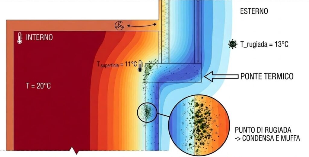 diagramma tecnico ponte termico punto rugiada condensa muffa Infografica tecnica che illustra la fisica della formazione di muffa su un ponte termico: il calore interno (20°C) incontra una superficie fredda (11°C) che, essendo inferiore al punto di rugiada (13°C), genera condensa superficiale e proliferazione di spore.