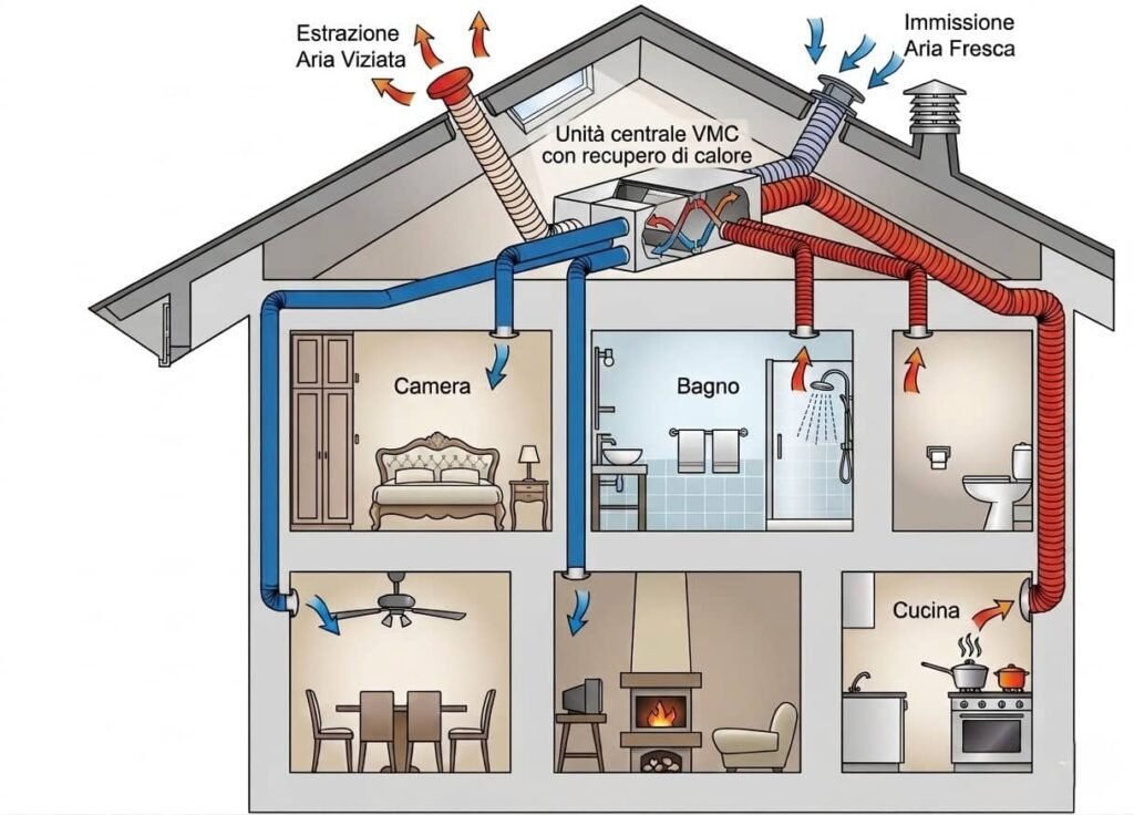 funzionamento ventilazione meccanica controllata recupero calore Schema tecnico di un sistema di Ventilazione Meccanica Controllata (VMC) a doppio flusso con recuperatore di calore. Il diagramma mostra il ciclo di espulsione dell'aria viziata da cucina e bagni (linee rosse) e l'immissione di aria nuova filtrata nelle zone notte e living (linee blu), soluzione strutturale per il controllo dell'umidità e la prevenzione della muffa nelle abitazioni della Riviera Ligure.