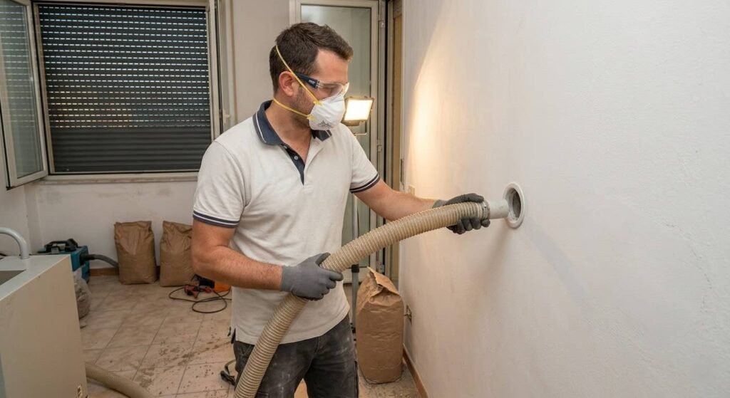 insuflaggio termico intercapedine isolante traspirante Tecnico specializzato di Borgio Edilizia esegue l'insufflaggio termico in una parete interna, iniettando materiale isolante sfuso nell'intercapedine per eliminare i ponti termici e prevenire la formazione di muffa e condensa.