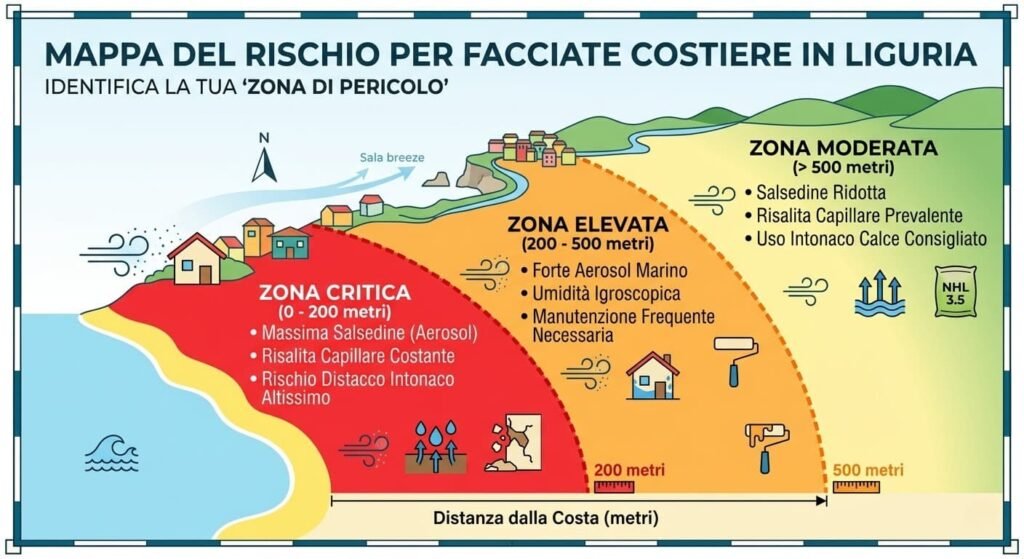 mappa distanza costa rischio intonaco liguria borgio edilizia Infografica della mappa del rischio per facciate costiere in Liguria che classifica tre zone in base alla distanza dal mare: Zona Critica (0-200m) con aerosol marino massimo e rischio distacco intonaco; Zona Elevata (200-500m) soggetta a umidità igroscopica; Zona Moderata (>500m) con salsedine ridotta dove è consigliato l'intonaco in calce NHL 3.5.