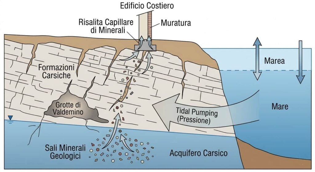 risalita capelliare sali minerali carsismo borgio verezzi Un diagramma tecnico dettagliato che illustra il fenomeno del "tidal pumping" applicato all'edilizia costiera di Borgio Verezzi. Lo schema mostra come le fluttuazioni della marea esercitino pressione sull'acquifero carsico e sulle Grotte di Valdemino, spingendo acque cariche di sali minerali geologici verso le fondamenta. Il processo culmina nella risalita capillare dei minerali all'interno della muratura dell'edificio, evidenziando la necessità di intonaci macroporosi per gestire questo carico salino sotterraneo unico nel ponente ligure.