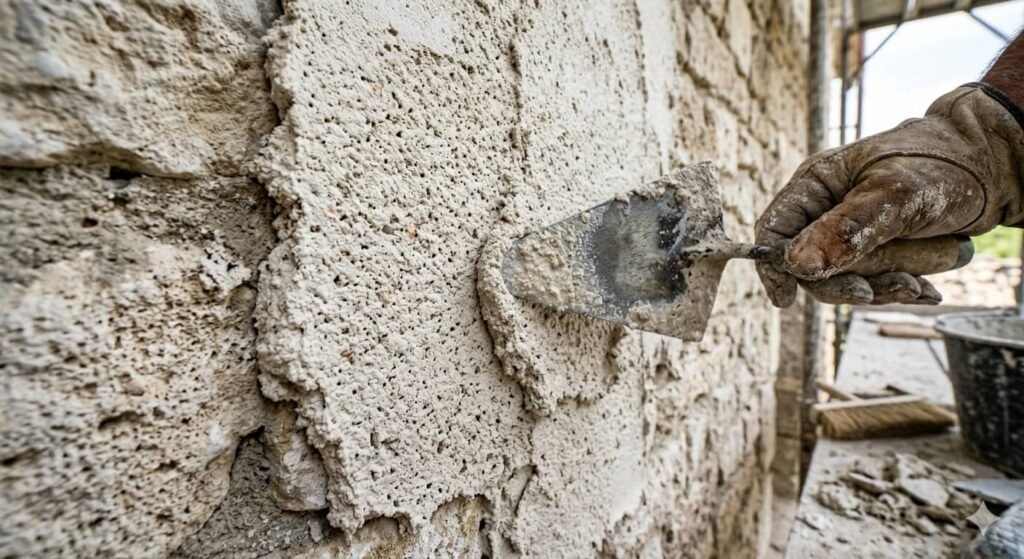 Lavoratore edile applica un intonaco macroporoso a base di calce idraulica naturale NHL 3.5 su una muratura in pietra antica fronte mare, utilizzando una cazzuola. La texture grezza e porosa del materiale, progettata per contrastare la salsedine, è chiaramente visibile in primo piano