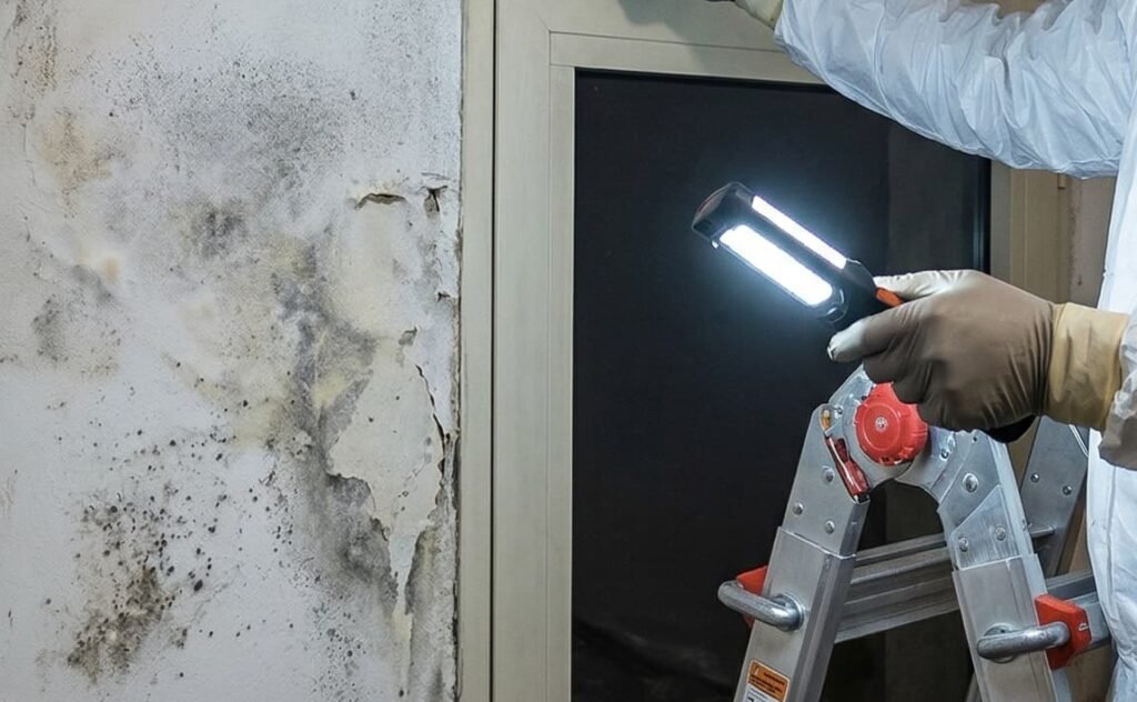 Ispezione tecnica professionale condotta da Borgio Edilizia: un tecnico esperto in tuta protettiva e guanti analizza una parete gravemente ammalorata da muffa nera e distacchi di intonaco. L'uso di una lampada LED ad alta intensità permette di evidenziare le stratificazioni di umidità e le efflorescenze saline tipiche delle abitazioni della Riviera Ligure, fondamentali per una diagnosi corretta prima del risanamento.