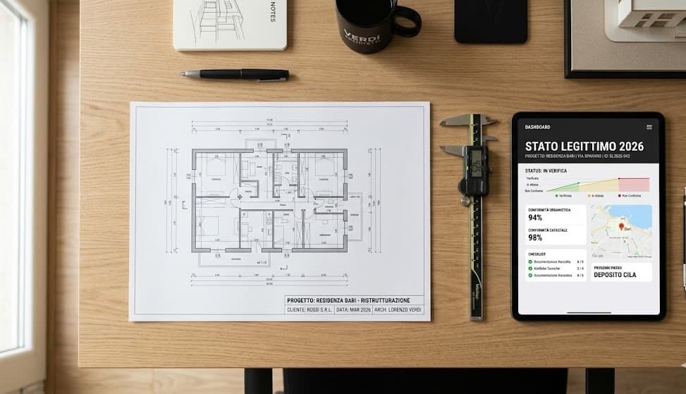 Vista dall'alto di una scrivania da architetto in legno chiaro, con una planimetria architettonica fisica a sinistra dotata di un cartiglio dettagliato. A destra, un tablet visualizza un dashboard digitale intitolato 'STATO LEGITTIMO 2026', mostrando grafici di conformità urbanistica e catastale. Accanto ci sono un calibro digitale, una penna e, in alto, una tazza, un taccuino e un modello architettonico.
